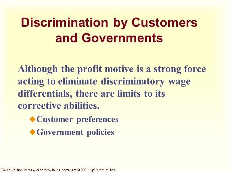 Discrimination by Customers  and Governments Although the profit motive is a strong force